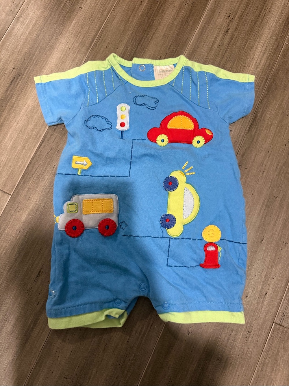 Vintage Minibasix Blue Baby Romper with Colorful Car & Truck Appliqués